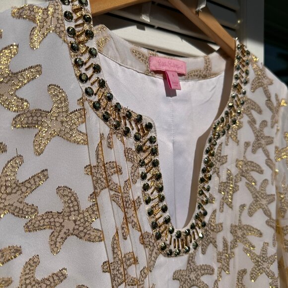 Lilly Pulitzer Colby Silk Tunic Dress White Gold Starfish - Picture 4 of 6